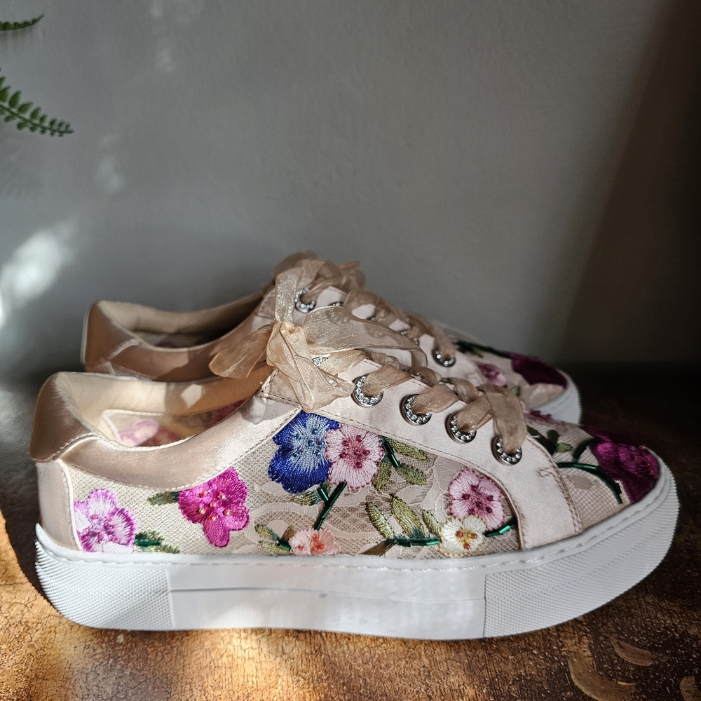 Betsey Johnson Pink Satin Floral Embroidered Platform Sneakers
